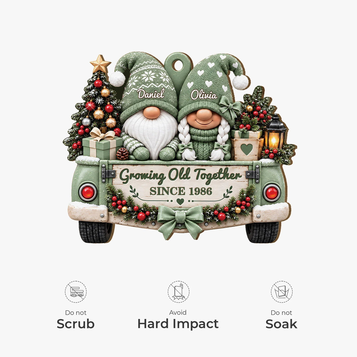Growing Old Together Personalized Gnome Truck Wooden Ornament - Keepsake for Couples