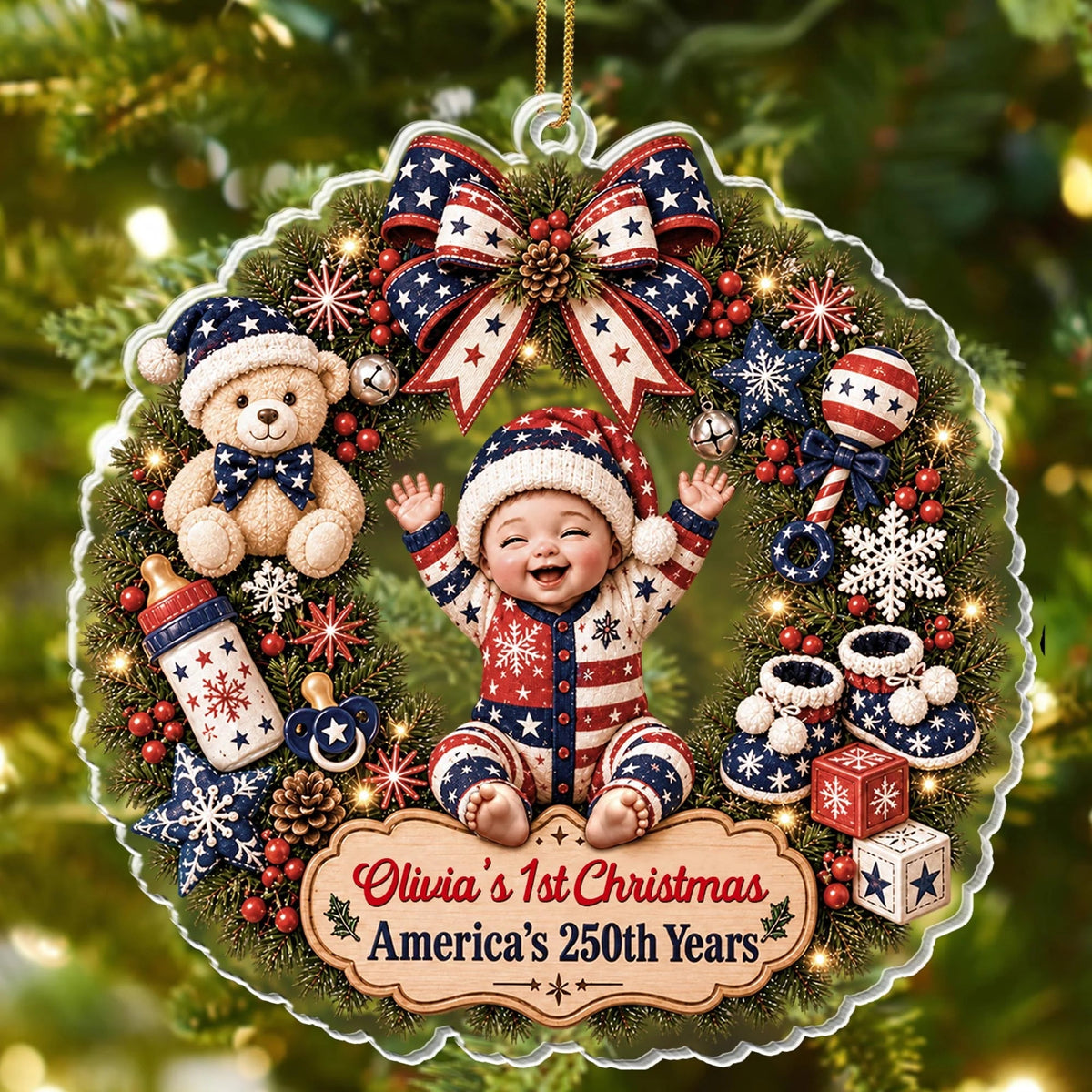 "Our 1st Christmas America's 250th Years" - Personalized Baby Wreath Acrylic Ornament Keepsake Gift