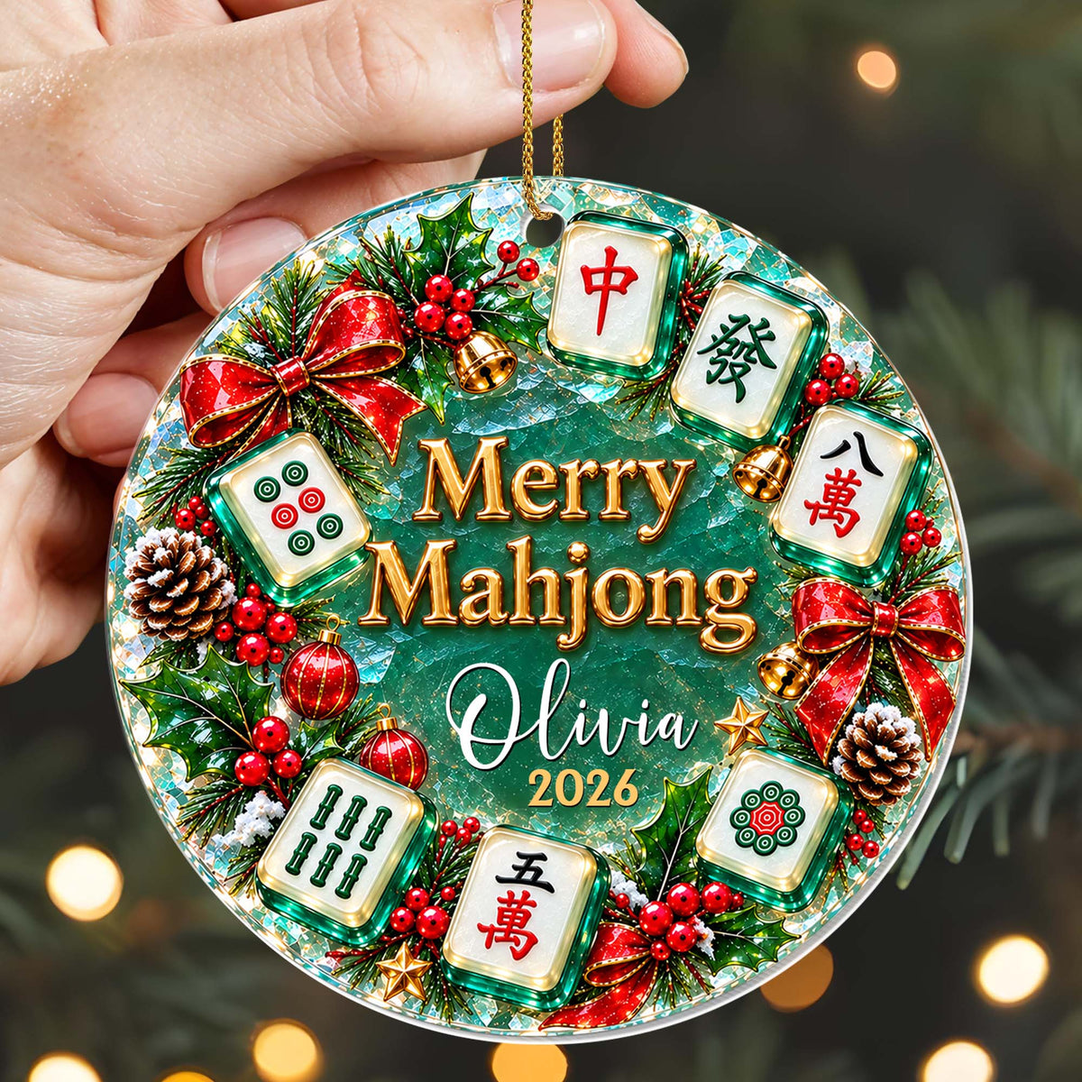 "Merry Mahjong" Personalized Acrylic Ornament for Mahjong Lovers - Custom Name Christmas Wreath Keepsake