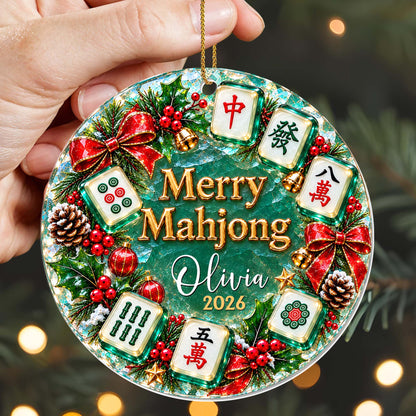 "Merry Mahjong" Personalized Acrylic Ornament for Mahjong Lovers - Custom Name Christmas Wreath Keepsake