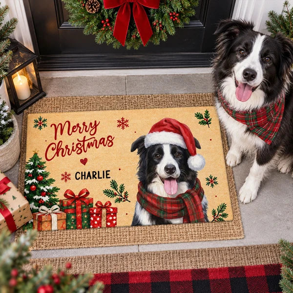 Personalized Watercolor Santa Dog Welcome Doormat