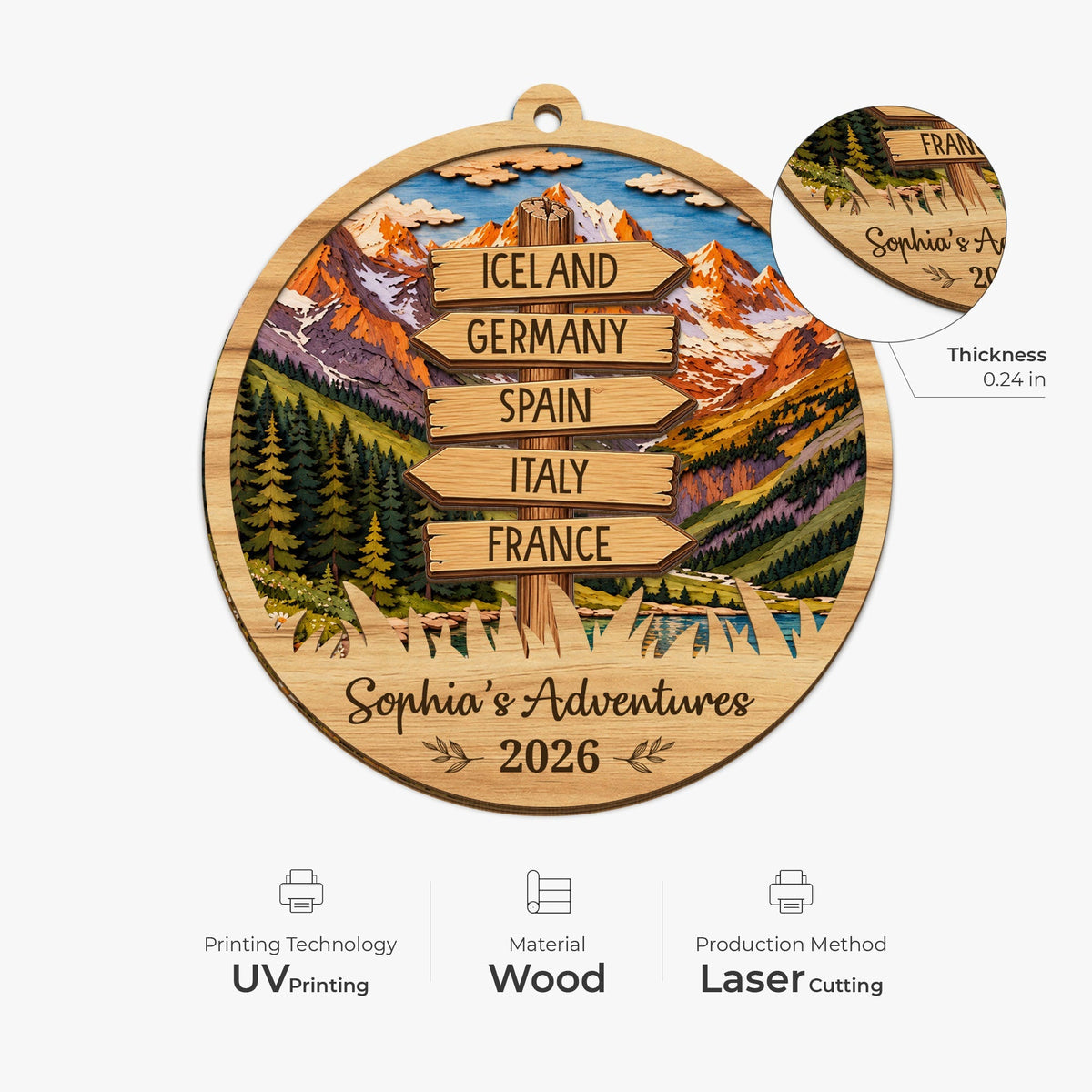 Personalised Gifts for Travel Lovers - Travel Adventure Wood Ornament