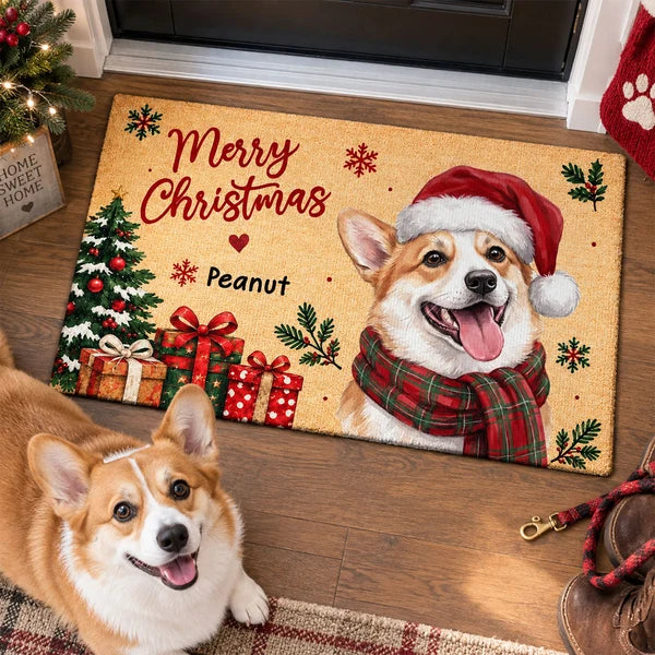 Personalized Watercolor Santa Dog Welcome Doormat