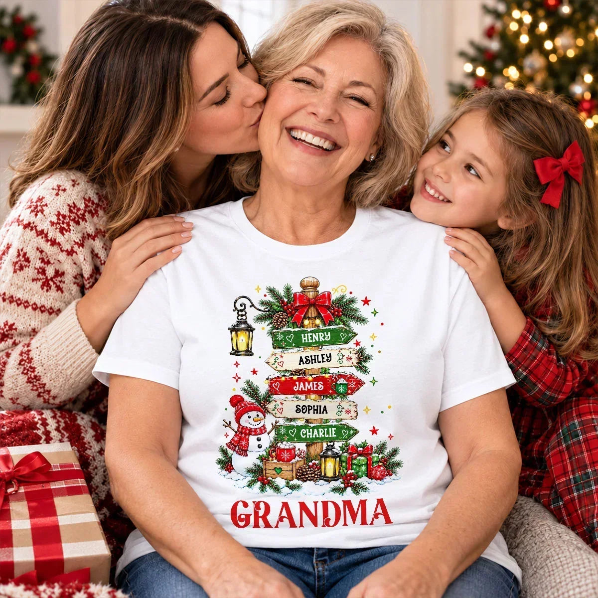 Personalized Grandma Classic Tee, Christmas Signpost Art in Festive Red & Green, Unique Gift for Grandma